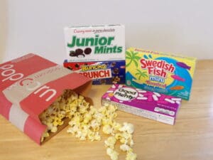 Popcorn, candy, and movie snacks.