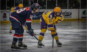 Ice hockey players compete on the rink.