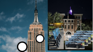Empire State Building, scooters, and trucks.