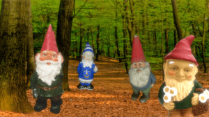 Three garden gnomes in a forest.