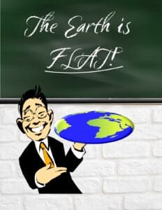 Here's an alt text option for the image: Cartoon man presenting flat Earth model.