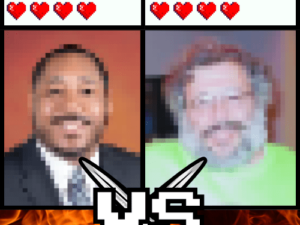 Pixelated men battle; a playful fight.