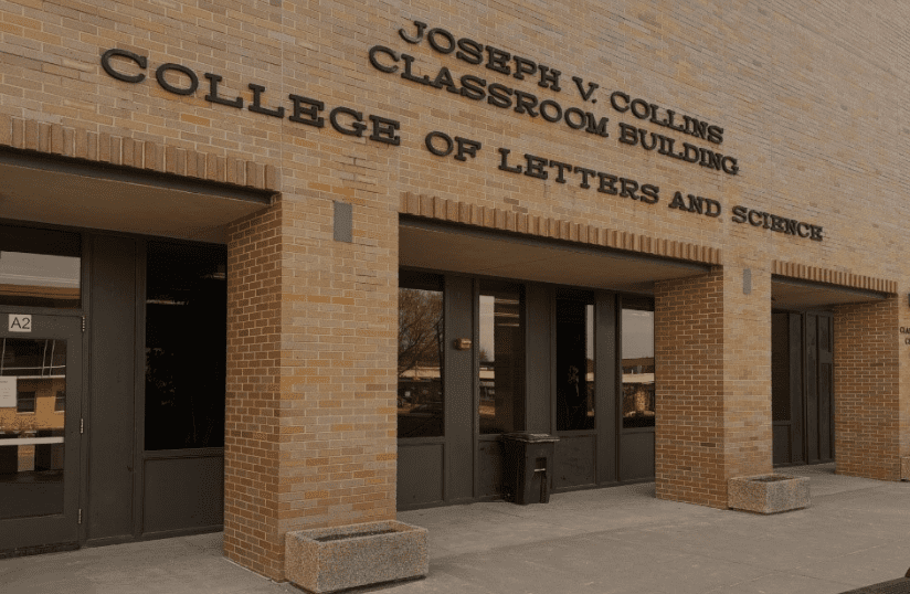 College classroom building exterior entrance view.