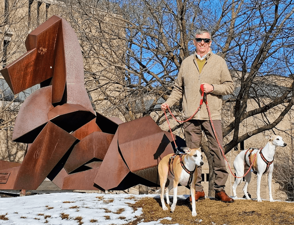 Man with two dogs near geometric sculpture.