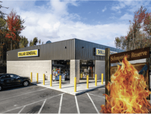 Dollar General store with burning sign overlay.