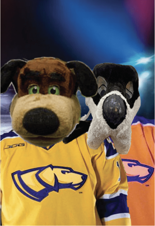 Two mascots in yellow sports jerseys.