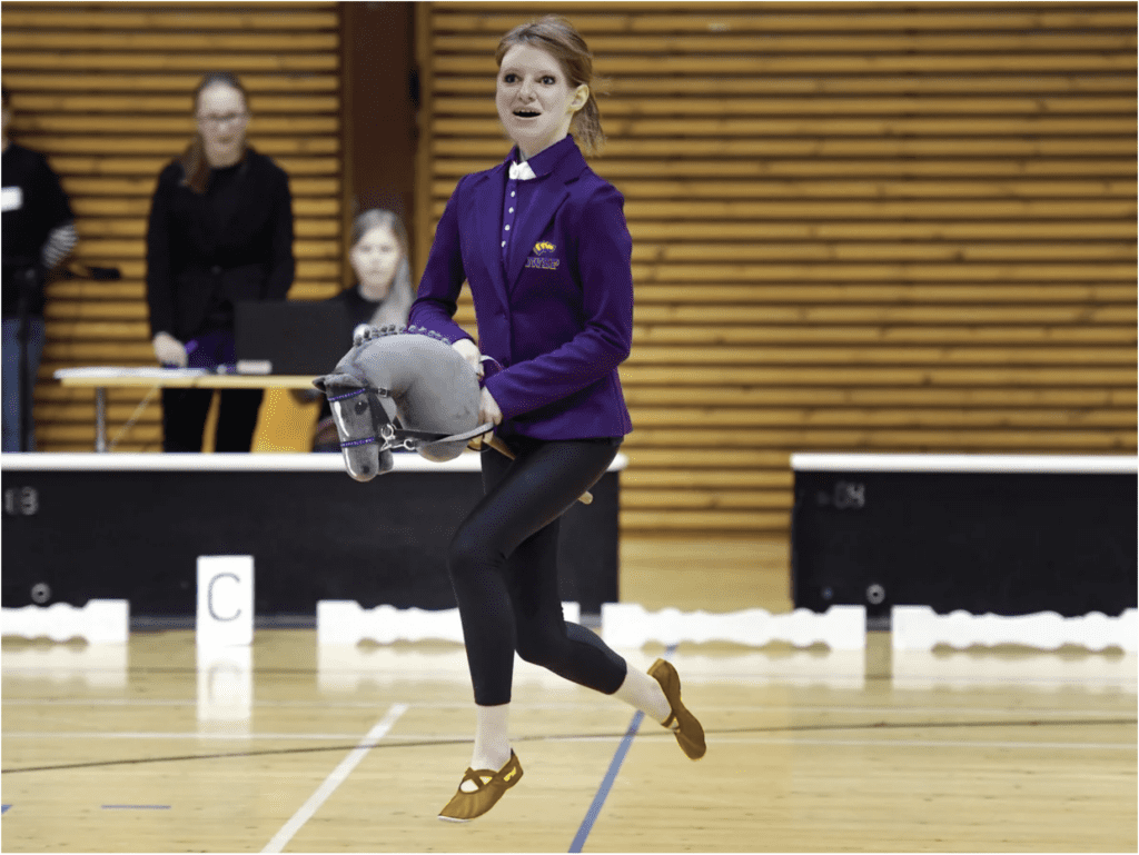 Person with hobby horse in indoor arena.
