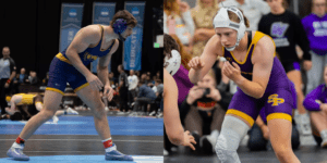 Two wrestlers competing in a match.