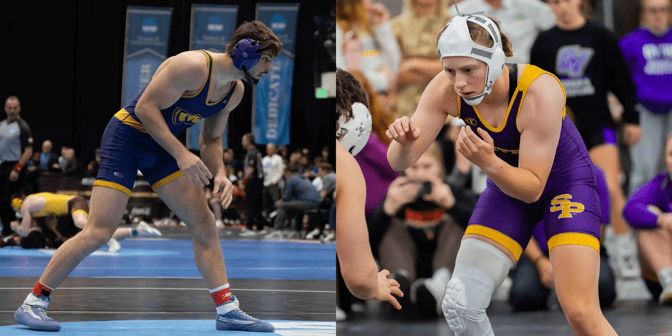 Two wrestlers competing in a match.