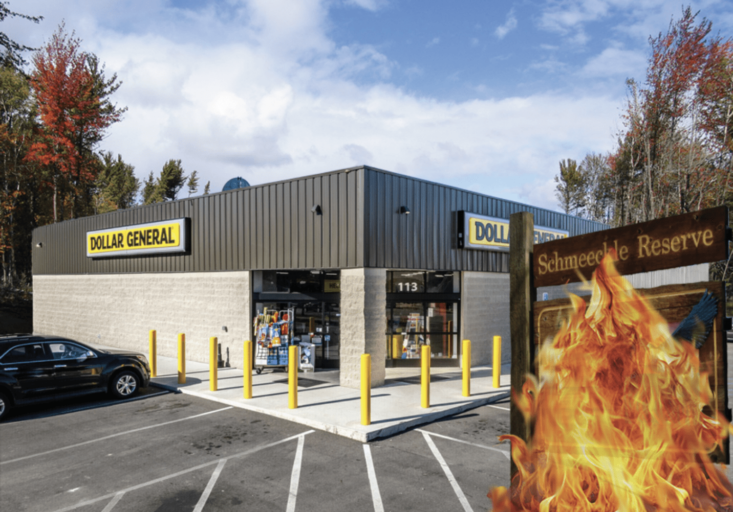 Dollar General store with burning sign overlay.