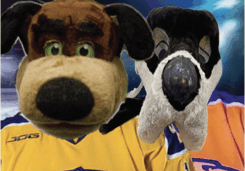 Two mascots in yellow sports jerseys.