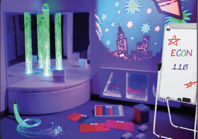 Sensory room with colorful lights and decorations.